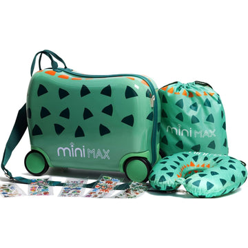 Aerolite MiniMax Childrens Ride-On Suitcase Fits 45x36x20cm EasyJet Maximum Size Kids Hand Luggage With Wheels 29L - Green Dinosaur